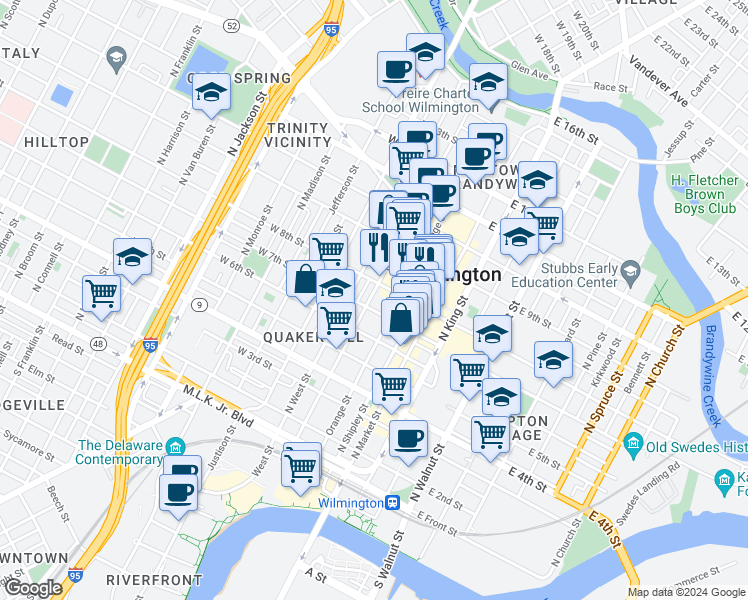 map of restaurants, bars, coffee shops, grocery stores, and more near 703 North Tatnall Street in Wilmington
