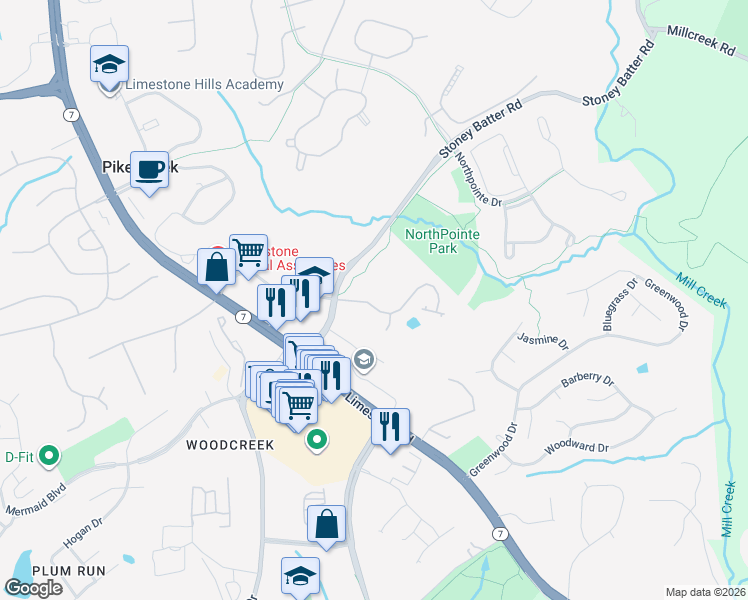 map of restaurants, bars, coffee shops, grocery stores, and more near 4835 Weatherhill Drive in Wilmington