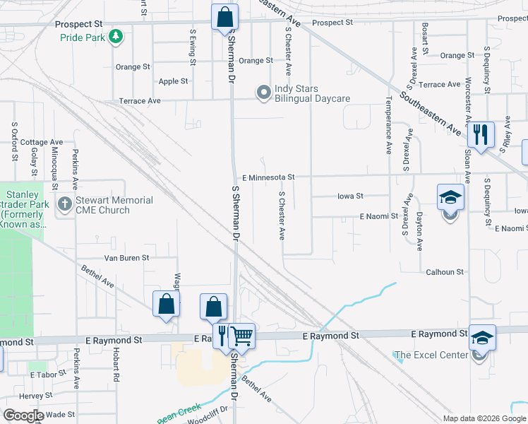 map of restaurants, bars, coffee shops, grocery stores, and more near 1805 South Denny Street in Indianapolis