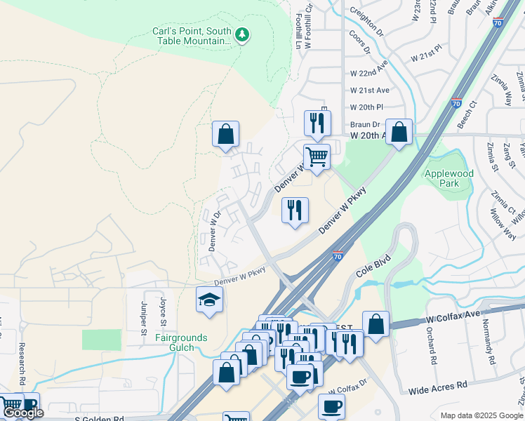 map of restaurants, bars, coffee shops, grocery stores, and more near 14165 Denver West Circle in Lakewood