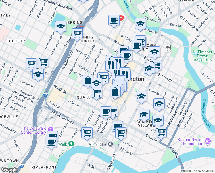 map of restaurants, bars, coffee shops, grocery stores, and more near 704 North Tatnall Street in Wilmington