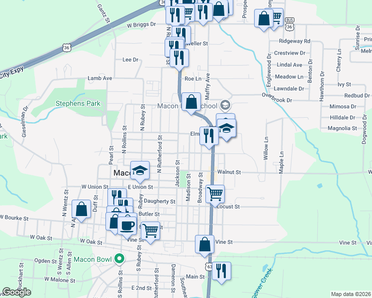 map of restaurants, bars, coffee shops, grocery stores, and more near 403 Spruce Street in Macon