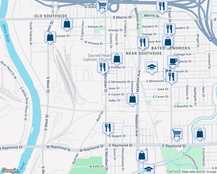 map of restaurants, bars, coffee shops, grocery stores, and more near 16 Iowa Street in Indianapolis