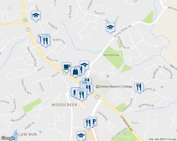 map of restaurants, bars, coffee shops, grocery stores, and more near 4531 Stoney Batter Road in Wilmington