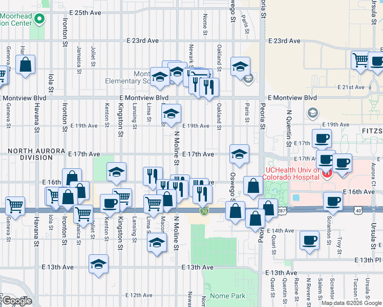 map of restaurants, bars, coffee shops, grocery stores, and more near 11555 East 17th Avenue in Aurora