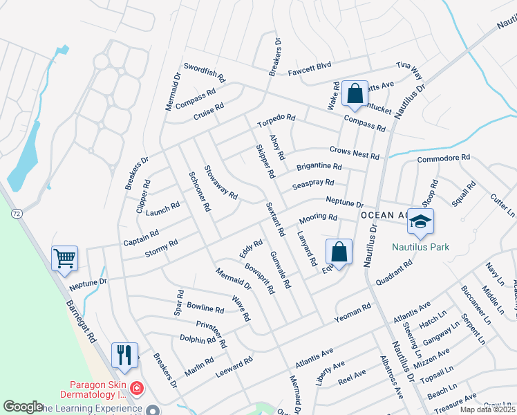 map of restaurants, bars, coffee shops, grocery stores, and more near 104 Stowaway Road in Stafford Township
