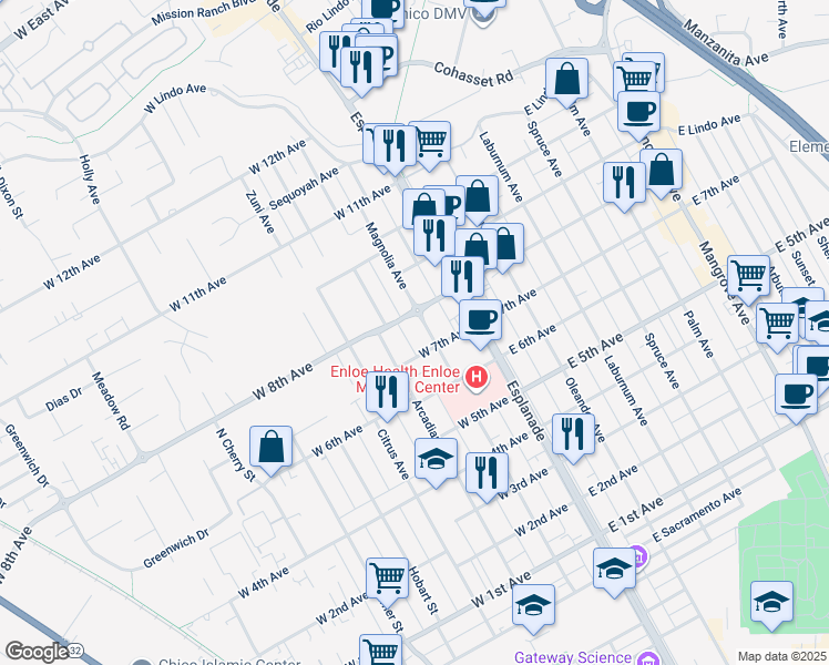 map of restaurants, bars, coffee shops, grocery stores, and more near 1713 Magnolia Avenue in Chico