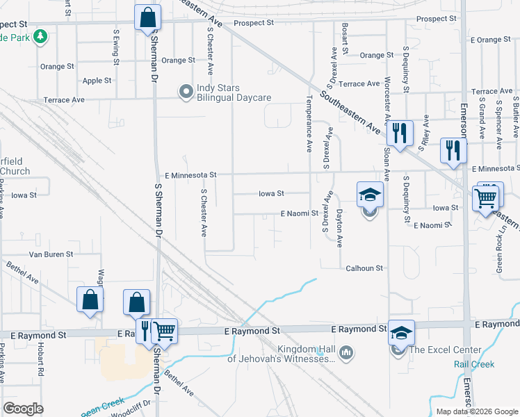 map of restaurants, bars, coffee shops, grocery stores, and more near 4112 East Naomi Street in Indianapolis