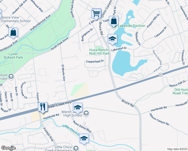 map of restaurants, bars, coffee shops, grocery stores, and more near 100 Sterling Oaks Drive in Chico