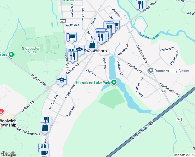 map of restaurants, bars, coffee shops, grocery stores, and more near 122 East Avenue in Swedesboro