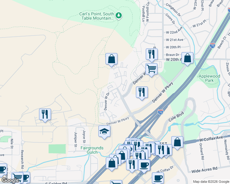 map of restaurants, bars, coffee shops, grocery stores, and more near 1980 Denver West Drive in Golden