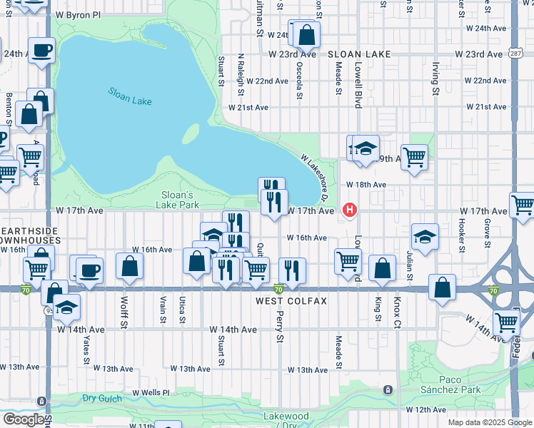map of restaurants, bars, coffee shops, grocery stores, and more near 4072 West 17th Avenue in Denver