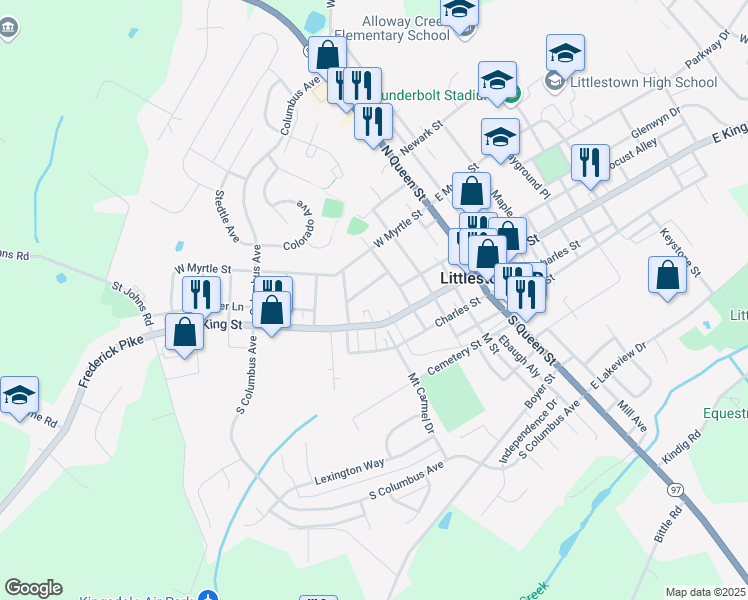 map of restaurants, bars, coffee shops, grocery stores, and more near 260 Charles Street in Littlestown