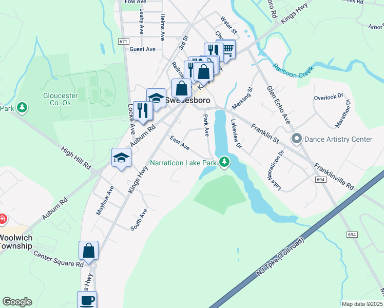 map of restaurants, bars, coffee shops, grocery stores, and more near 122 East Avenue in Swedesboro