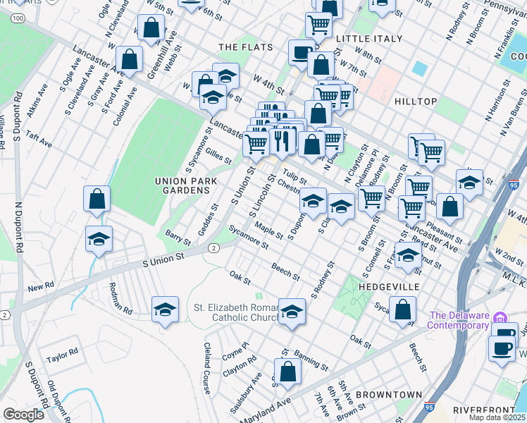 map of restaurants, bars, coffee shops, grocery stores, and more near 1814 Linden Street in Wilmington
