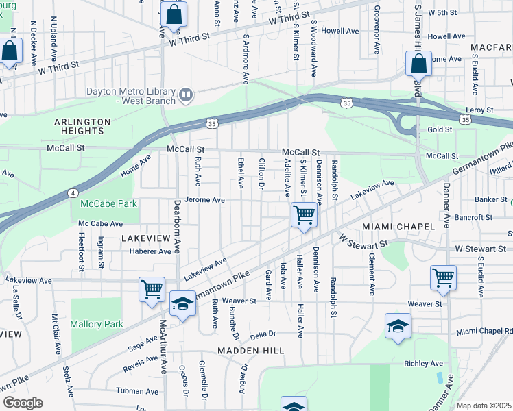 map of restaurants, bars, coffee shops, grocery stores, and more near 603 Clifton Drive in Dayton