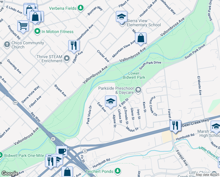 map of restaurants, bars, coffee shops, grocery stores, and more near 1789 Estates Way in Chico