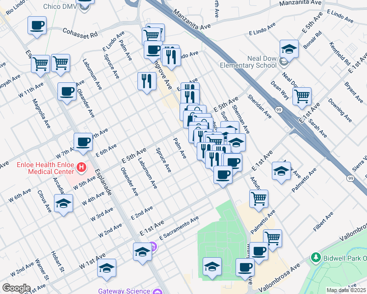 map of restaurants, bars, coffee shops, grocery stores, and more near 1380 Palm Avenue in Chico
