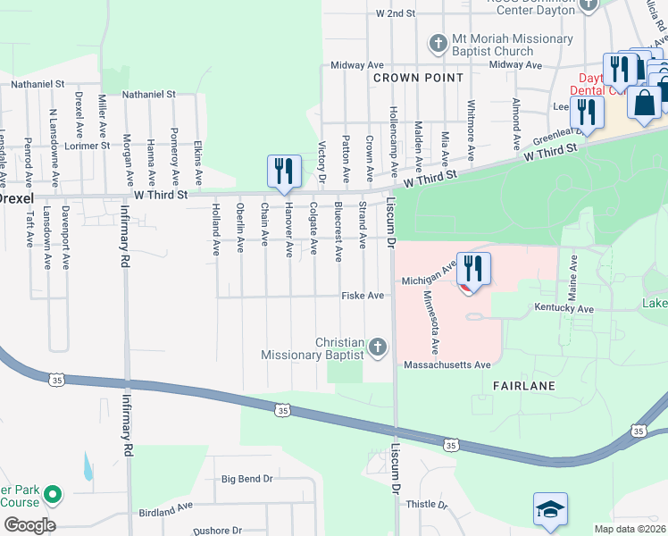 map of restaurants, bars, coffee shops, grocery stores, and more near 137 Bluecrest Avenue in Dayton