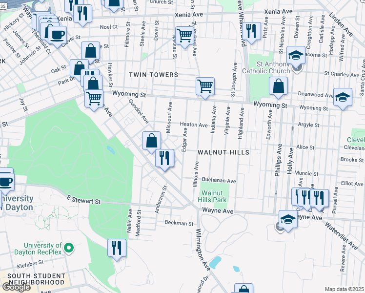 map of restaurants, bars, coffee shops, grocery stores, and more near 217 Volkenand Avenue in Dayton