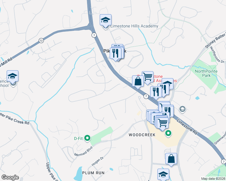 map of restaurants, bars, coffee shops, grocery stores, and more near 130 Attic Court in Wilmington