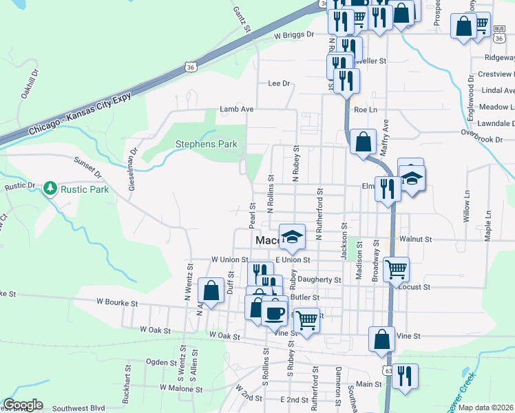 map of restaurants, bars, coffee shops, grocery stores, and more near 602 Pearl Street in Macon