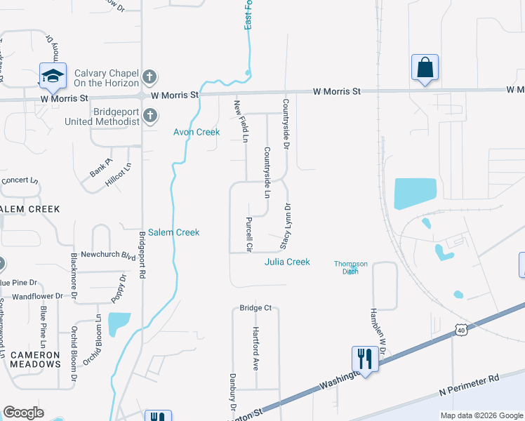 map of restaurants, bars, coffee shops, grocery stores, and more near 1610 Countryside Lane in Indianapolis