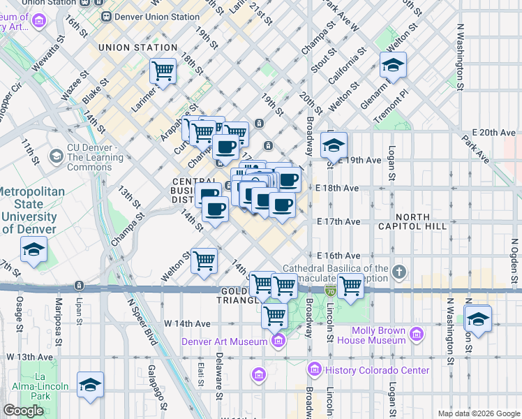 map of restaurants, bars, coffee shops, grocery stores, and more near Glenarm Pl & 16th Street Mall in Denver
