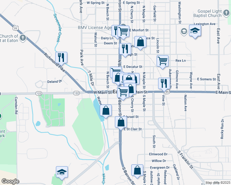 map of restaurants, bars, coffee shops, grocery stores, and more near 115 West Main Street in Eaton