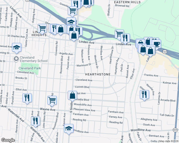 map of restaurants, bars, coffee shops, grocery stores, and more near 1632 Emmons Avenue in Dayton