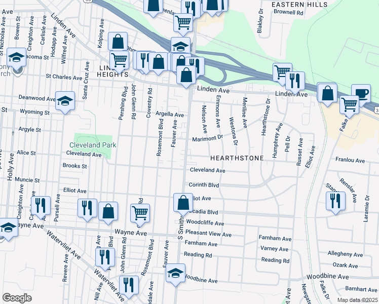 map of restaurants, bars, coffee shops, grocery stores, and more near 1634 South Smithville Road in Dayton