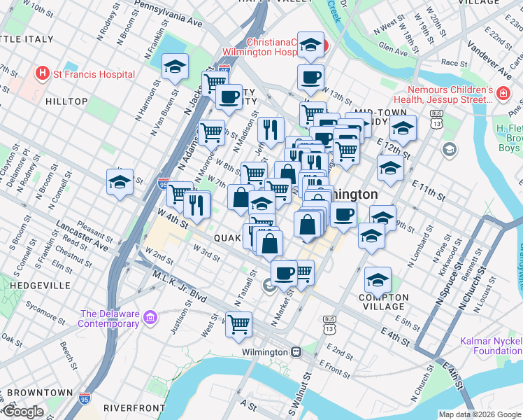 map of restaurants, bars, coffee shops, grocery stores, and more near 400 West 7th Street in Wilmington