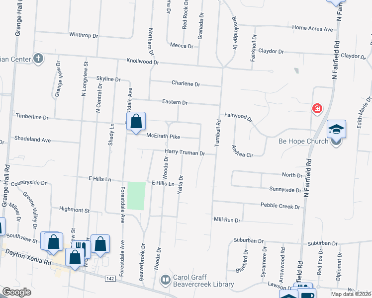 map of restaurants, bars, coffee shops, grocery stores, and more near 3582 Harry Truman Drive in Dayton