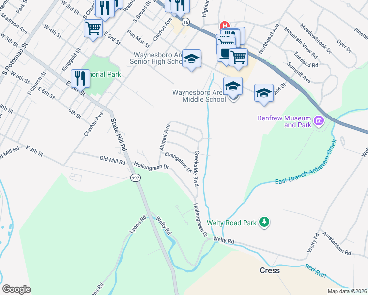 map of restaurants, bars, coffee shops, grocery stores, and more near 512 Waterdale Drive in Waynesboro