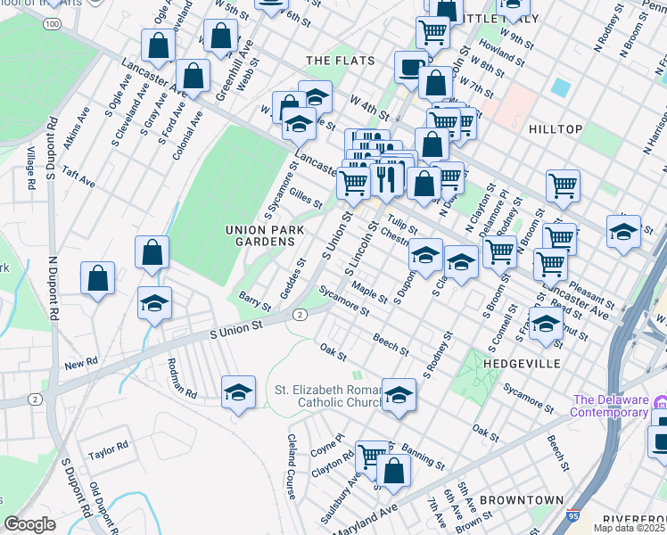 map of restaurants, bars, coffee shops, grocery stores, and more near 1915 Maple Street in Wilmington