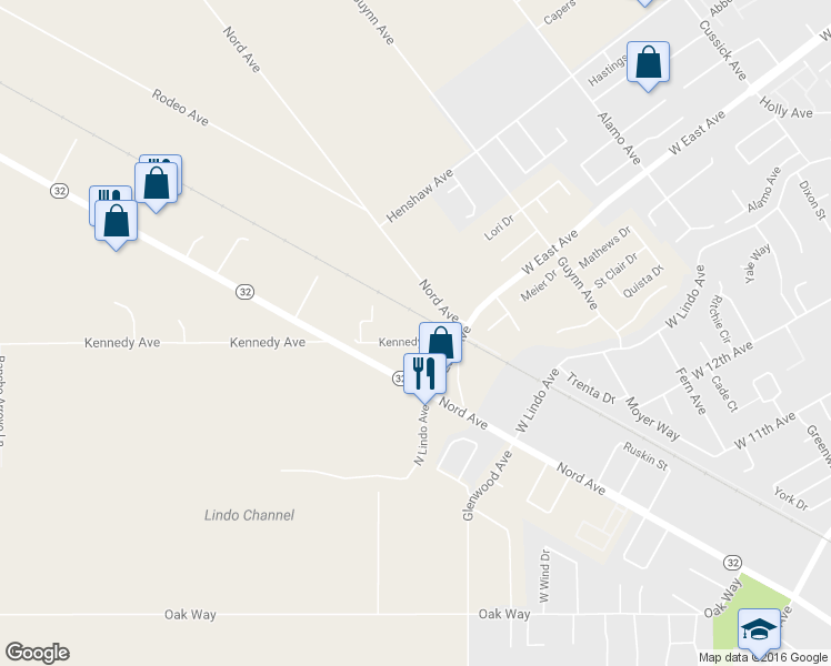 map of restaurants, bars, coffee shops, grocery stores, and more near 2106 Kennedy Avenue in Chico