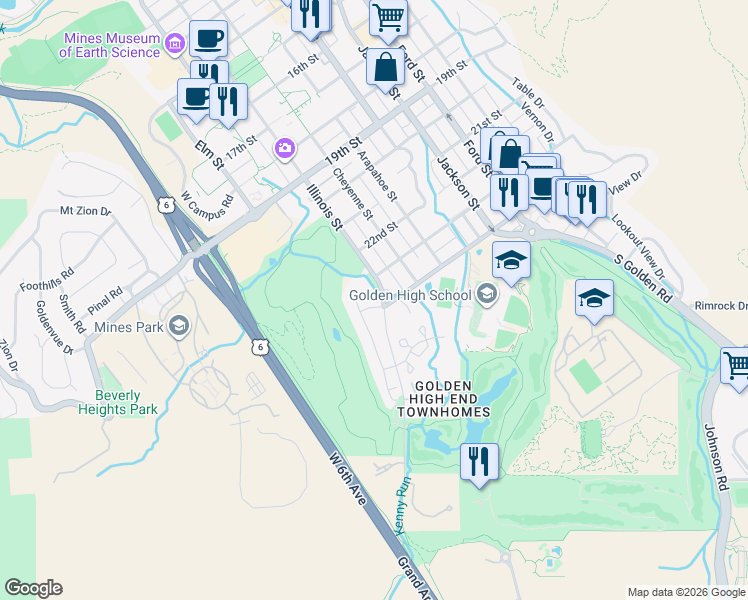 map of restaurants, bars, coffee shops, grocery stores, and more near 1102 24th Street in Golden