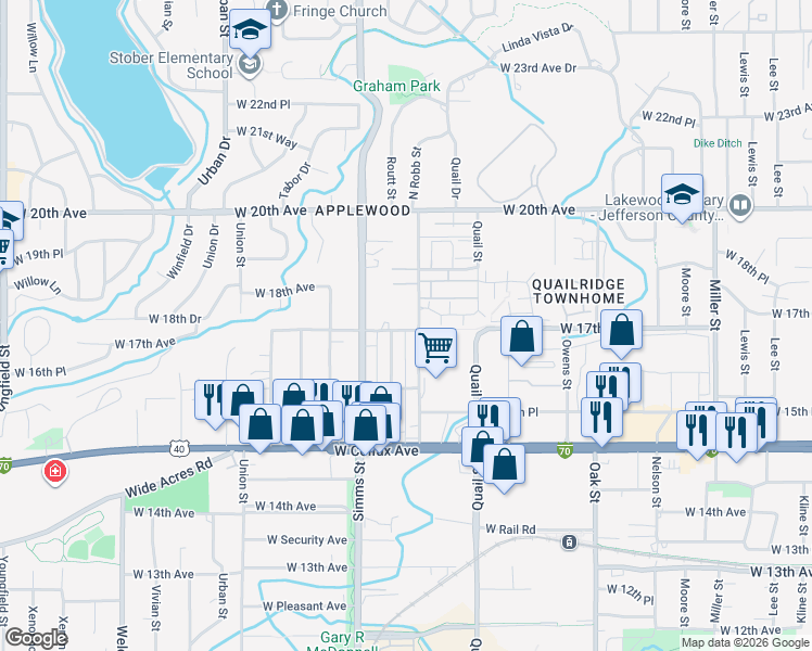 map of restaurants, bars, coffee shops, grocery stores, and more near 1724 North Robb Street in Denver