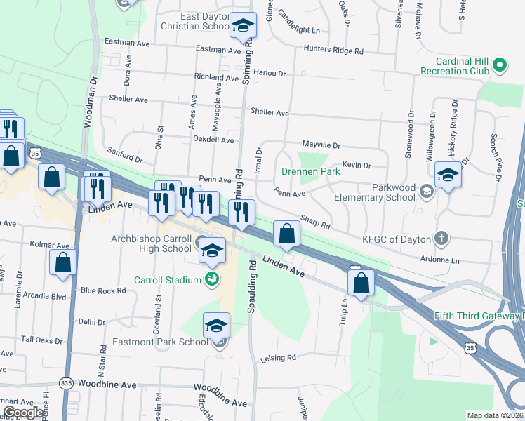 map of restaurants, bars, coffee shops, grocery stores, and more near 5588 Sharp Road in Dayton