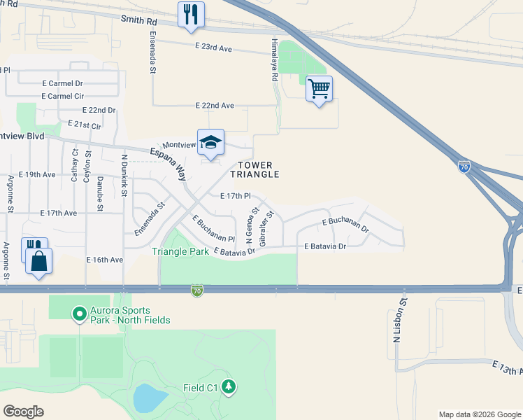map of restaurants, bars, coffee shops, grocery stores, and more near 1681 East 17th Place in Aurora