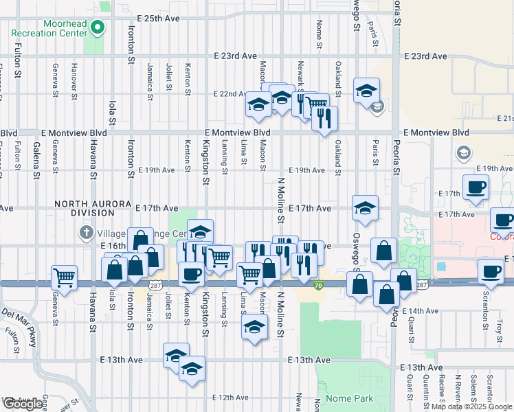 map of restaurants, bars, coffee shops, grocery stores, and more near 1700 Lima Street in Aurora