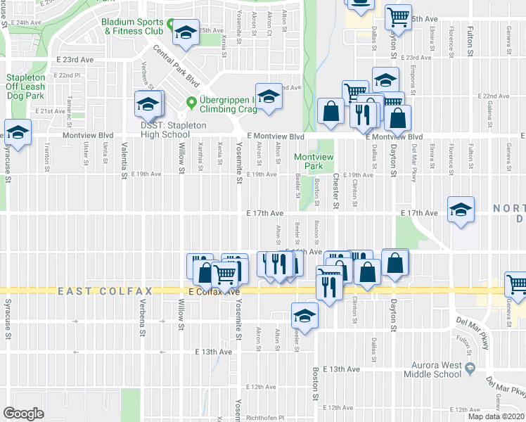 map of restaurants, bars, coffee shops, grocery stores, and more near 1700 Akron Street in Aurora