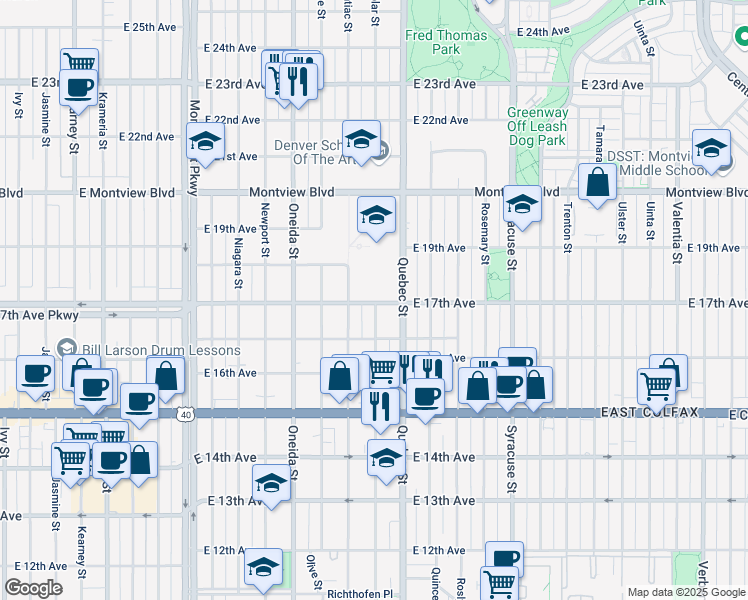 map of restaurants, bars, coffee shops, grocery stores, and more near in Denver
