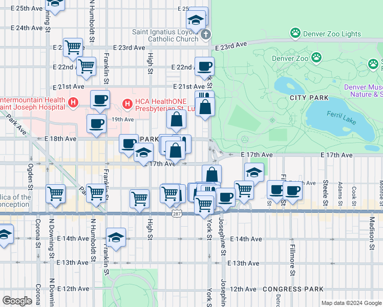 map of restaurants, bars, coffee shops, grocery stores, and more near 1733 North Gaylord Street in Denver
