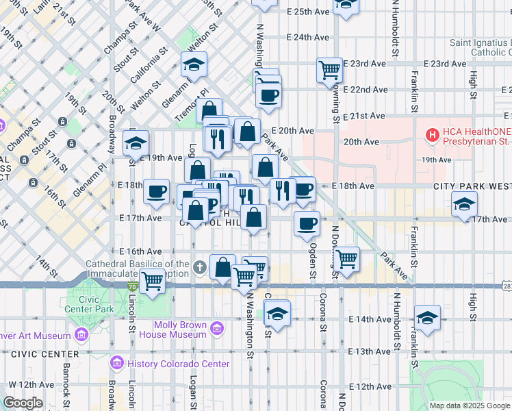 map of restaurants, bars, coffee shops, grocery stores, and more near 1747 North Washington Street in Denver