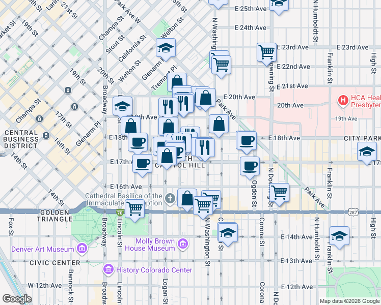map of restaurants, bars, coffee shops, grocery stores, and more near in Denver