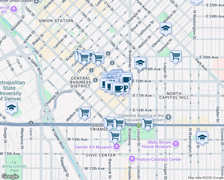 map of restaurants, bars, coffee shops, grocery stores, and more near 1600 Glenarm Place in Denver