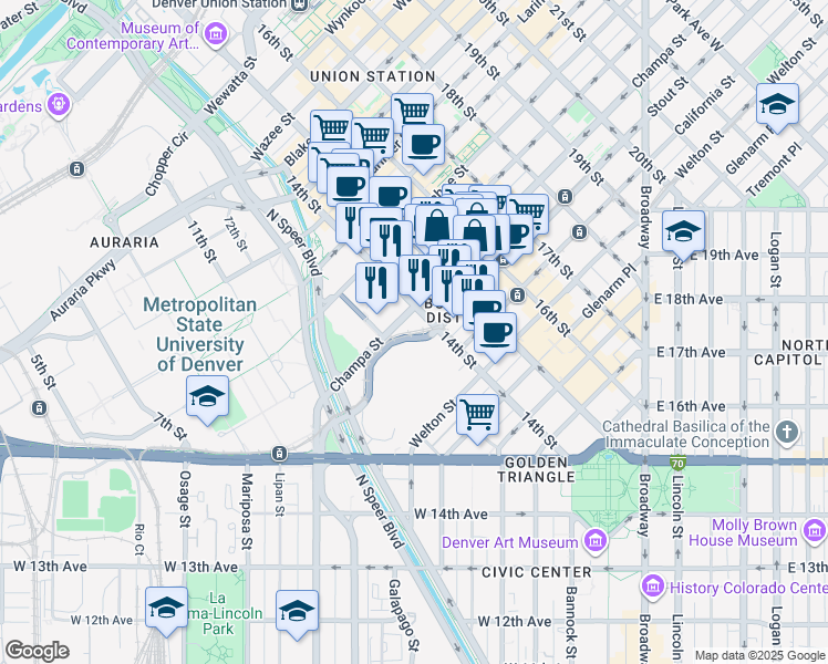 map of restaurants, bars, coffee shops, grocery stores, and more near 1349 Champa Street in Denver