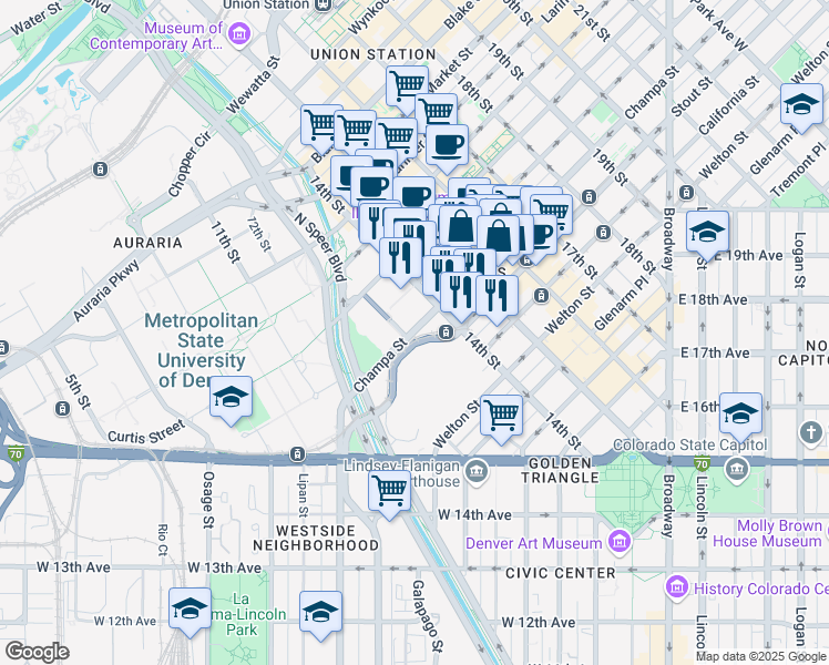 map of restaurants, bars, coffee shops, grocery stores, and more near 1349 Champa Street in Denver