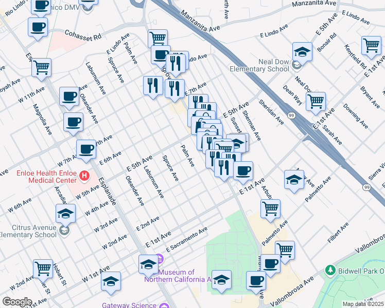map of restaurants, bars, coffee shops, grocery stores, and more near 1422 Palm Avenue in Chico